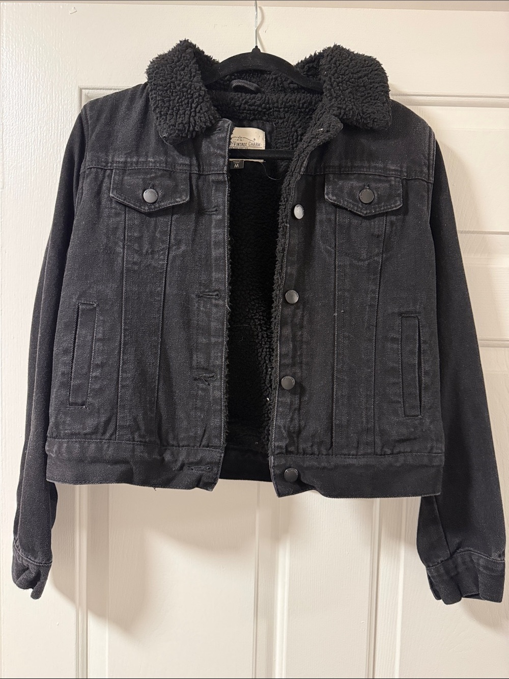 Black Sherpa-Lined Denim Jacket with Cozy Collar